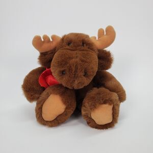 Dakin Moose 7" Plush Stuffed Animal Brown Red Bow Sitting 1993